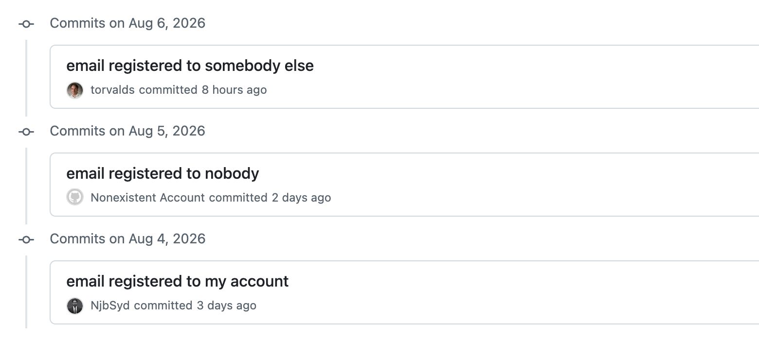 A GitHub commit list showing three commits: one linked to NjbSyd, one with a grey placeholder avatar and no profile link, and one linked to torvalds.