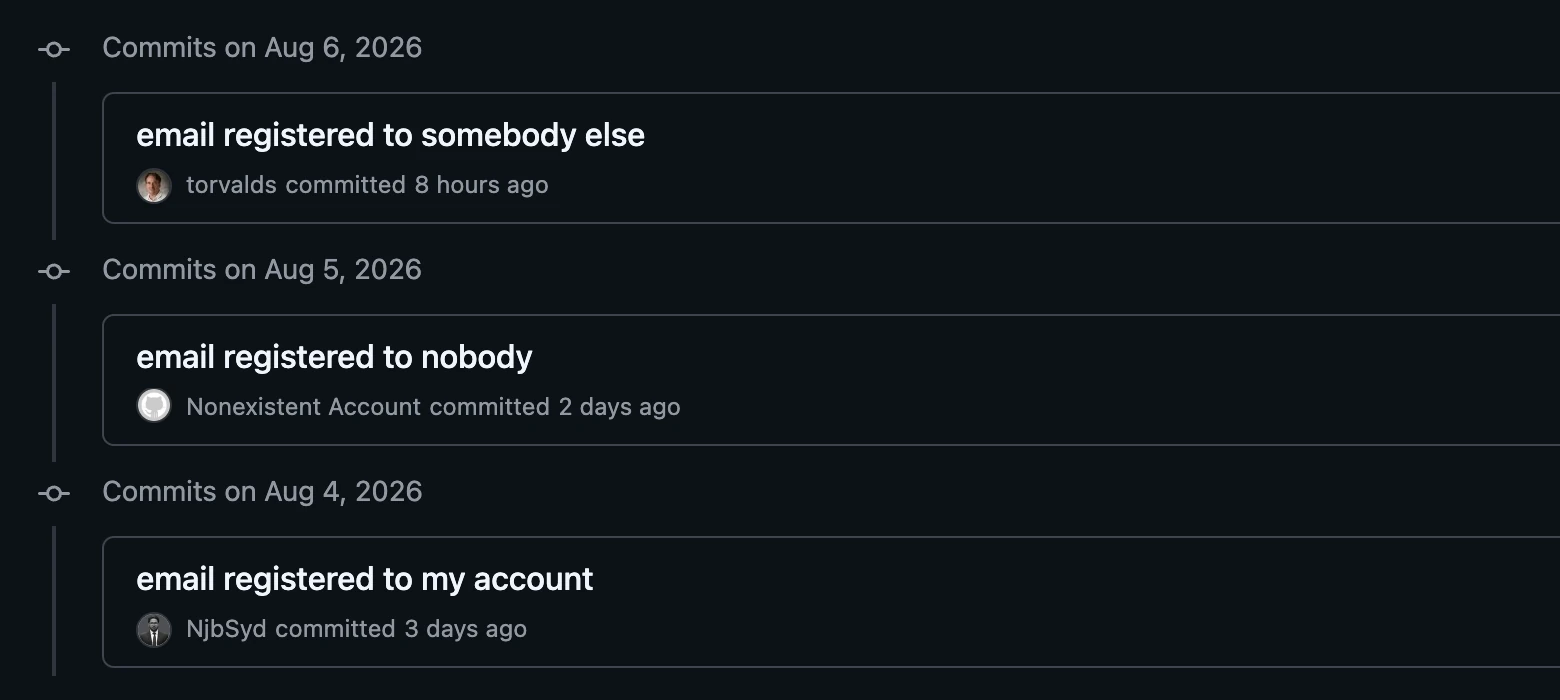 A GitHub commit list showing three commits: one linked to NjbSyd, one with a grey placeholder avatar and no profile link, and one linked to torvalds.