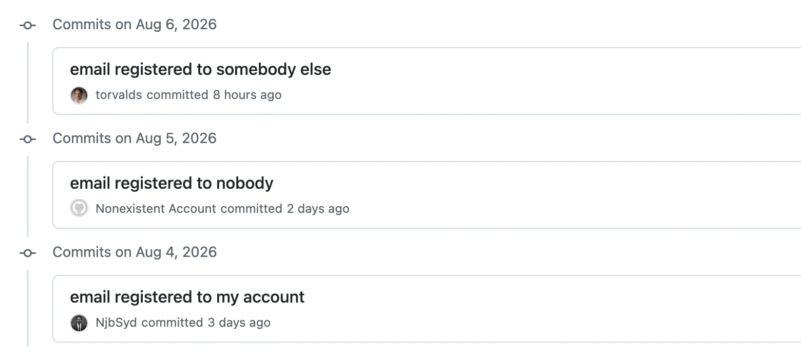 A GitHub commit list showing three commits: one linked to NjbSyd, one with a grey placeholder avatar and no profile link, and one linked to torvalds.